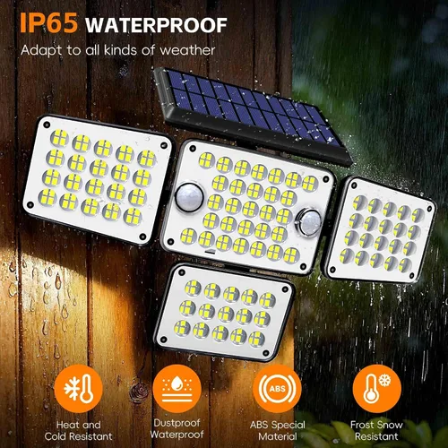 Vista 4 de Luces solares para exteriores 336 LED, luz de pared de seguridad con sensor de movimiento con control remoto, diseño ajustable de 4 cabezales