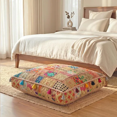 Vista 6 de THE ART BOX Almohadas y fundas de cojín bordadas vintage de retazos de algodón, puf para perro, puf de meditación, ropa de cama para mascotas, cama