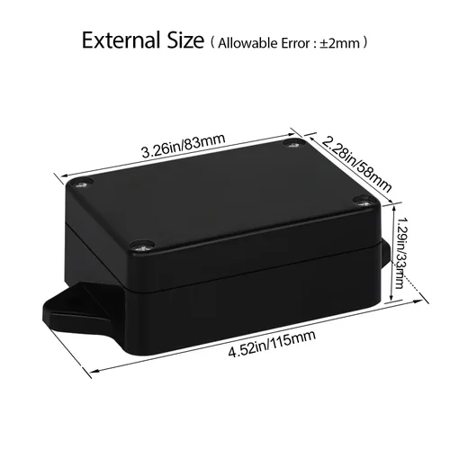 Vista 2 de Caja de conexiones impermeable a prueba de polvo IP65 de plástico ABS, proyecto eléctrico universal con oreja fija, color negro, 3.26"x 2.28"x 1.29