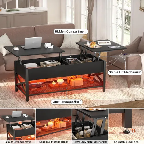 Vista 4 de Aheaplus Mesa de Centro Elevable Negra con Luz LED, Tomas de Corriente y Estante de Almacenamiento, 41.7"An x 19.69"L x 19.7"Al