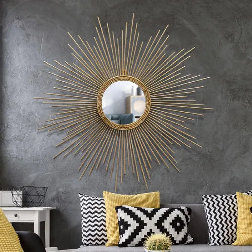 Vista 6 de APLUSH Espejo de pared dorado con forma de explosión de sol de mediados de siglo, moderno Starburst, gran círculo colgante decorativo, para sala