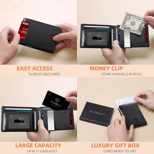 Vista 50 de RUNBOX - Carteras delgadas para hombre, cartera de piel con pinza para el dinero, cartera de bolsillo frontal con bloqueo RFID, tarjetero