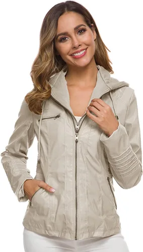 Vista 4 de Springrain Chaqueta de motociclista de cuero sintético para mujer con capucha desmontable Albaricoque