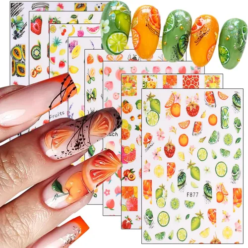 Vista 10 de 6 hojas de calcomanías de arte de uñas de flores de verano 3D, calcomanías autoadhesivas para uñas, diseño de arte blanco, amarillo, azul, negro