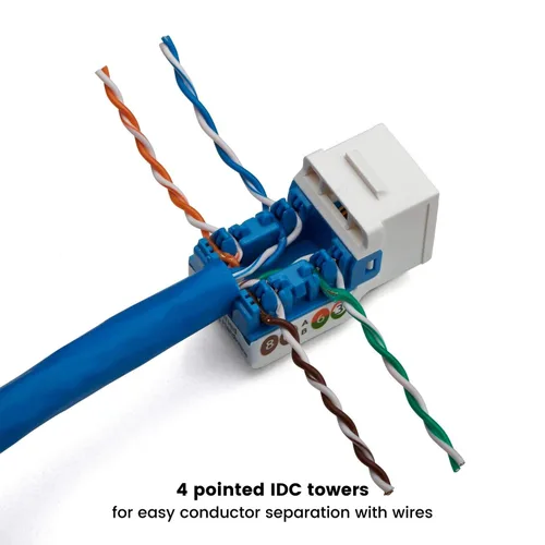 Vista 77 de TRUE CABLE Conector Keystone Cat5e, sin blindaje (UTP), perforado de 90 grados, PoE++ (4PPoE) 100W, certificación UL, verificado ETL, certificado