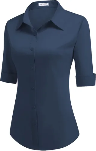 Vista 10 de HOTOUCH Camisa de manga 3/4 con botones para mujer, blusas de trabajo ajustadas, camisas de vestir de algodón, camisas de oficina Negro