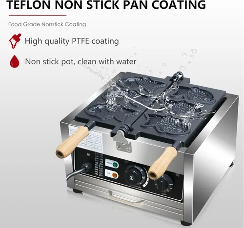 Vista 5 de Taiyaki - Máquina para hacer gofres de pescado, 3 unidades antiadherentes para hacer gofres eléctricos Taiyaki Baker con forma de pez, acero