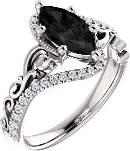 Vista 3 de Anillo de compromiso de marquesa de 1 CT de color negro, anillo de ónix negro marquesa de voluta, anillo de diamantes negros marquesa victoriana