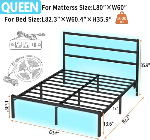Vista 2 de CLIBFENG - Base de cama Queen con cabecera, listones de acero resistentes de apoyo - Base de cama LED con estación de carga USB, fundamento