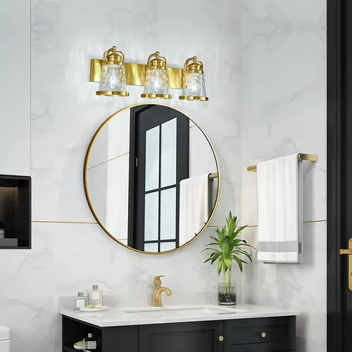 Vista 3 de Lámpara de tocador de baño de 3 luces, moderna, industrial, dorada, con accesorios de cristal para el baño sobre el espejo