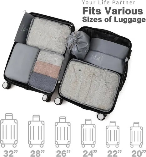 Vista 6 de Juego de 7 cubos de embalaje, esenciales de viaje para llevar de mano, organizadores de equipaje de viaje ligeros esenciales, ropa y zapatos, cubo