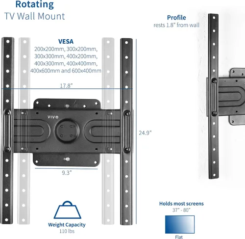 Vista 2 de VIVO Soporte de pared para TV horizontal a vertical para pantallas planas de 37 a 80 pulgadas, soporte giratorio resistente, VESA máximo de 600 x