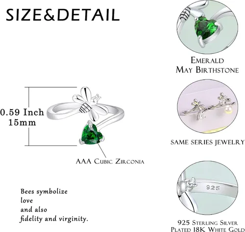 Vista 5 de FJ Anillo abierto de plata de ley para mujer, con piedra natal (anillo ajustable)