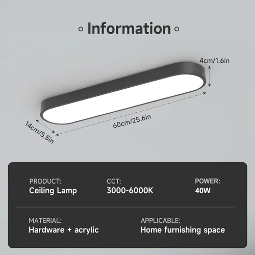 Vista 4 de Lámpara de techo lineal de 23.6 pulgadas, LED moderna de 40 W, lámpara de techo simple negra, iluminación de techo de perfil bajo para dormitorio