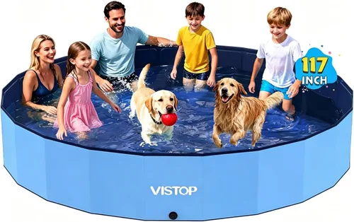 Vista 9 de VISTOP Piscina plegable para perros de 97 pulgadas con rociador, piscina grande de carcasa dura para mascotas, piscina plegable antideslizante