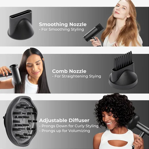 Vista 5 de TYMO Secador de pelo con difusor para mujer, secador profesional de alta velocidad de 1500 W con peine, secado rápido de 110,000 rpm, secador