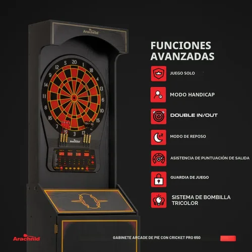 Vista 4 de Diana electrónica Arachnid Cricket Pro 650 de pie con 24 juegos, 132 variaciones y 6 dardos de punta suave incluidos, marrón, E650FS-BK3