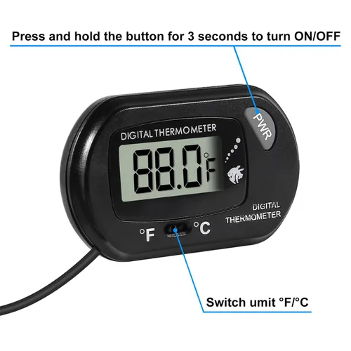 Vista 4 de Termómetro para acuario, termómetro de pecera, termómetro de agua con cable de 3.3 pies Fahrenheit/Celsius(℉/℃) para vehículos, terrario