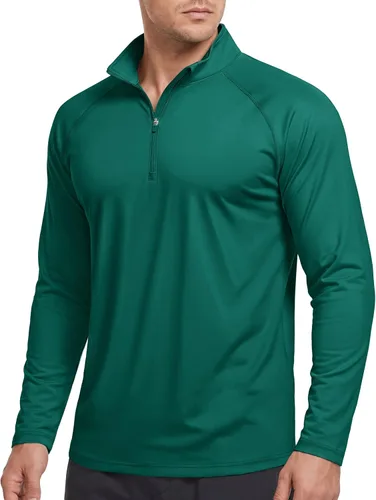 Vista 8 de CRYSULLY Camiseta de manga larga con cremallera de 1/4 para hombre, con protección solar, pullover UPF 50+, rash guard para correr, camiseta ligera