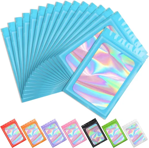 Vista 23 de Funfery 100 bolsas holográficas de Mylar naranja, cremallera resellable