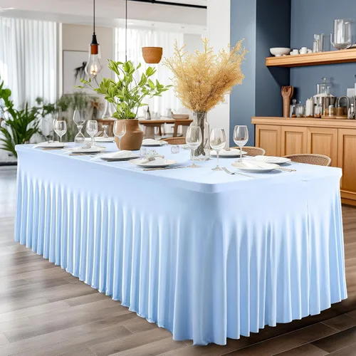 Vista 7 de Paquete de 2 manteles color azul bebé para mesa rectangular de 4 pies, manteles de elastano elásticos de 4 pies, falda blanca rectangular para baby