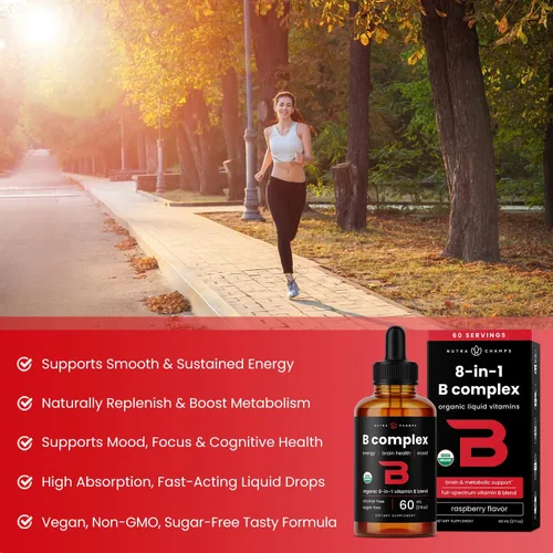 Vista 4 de Gotas líquidas orgánicas de complejo de vitamina B USDA Suplemento complejo de vitaminas B con gotas B1, B2, B3, B6, B7, B9 y metil B12