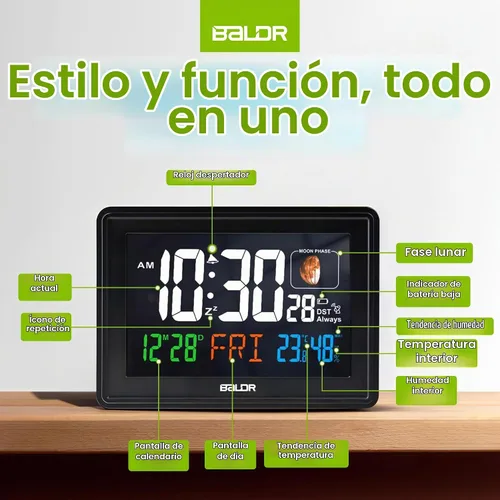 Vista 7 de BALDR Relojes Atómicos para Dormitorios Pantalla Digital Grande - Negro - Reloj de Escritorio con Temperatura Interior y Humedad, Reloj de Mesa