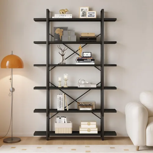 Vista 16 de HSH - Estantería de 3 niveles en negro, estanterías de almacenamiento pequeñas de metal y madera industriales, estanterías modernas abiertas de 3