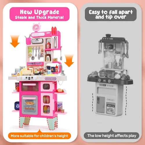 Vista 5 de CUTE STONE Juego de cocina para niños, juego de cocina con sonido y luz, estufa de cocina con vapor, fregadero de juguete, juguete de comida