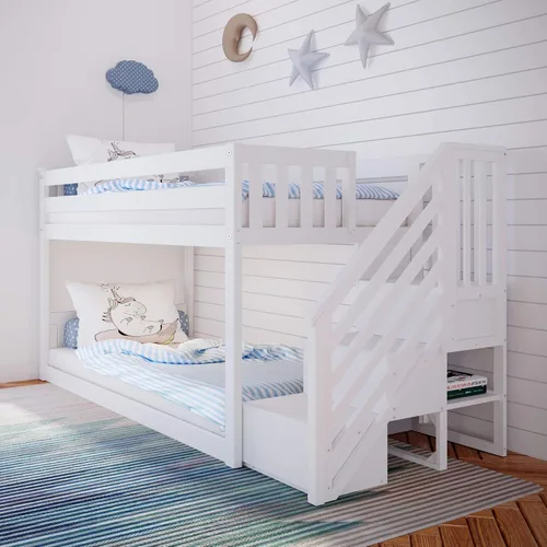 Vista 10 de Max & Lily - Litera baja, base de cama individual sobre individual para niños con escalera al final, color gris