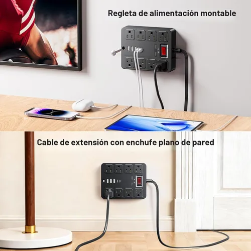 Vista 5 de Tira de alimentación con protector de sobretensiones 13 en 1, enchufe plano, 8 salidas de CA amplias, 3 puertos USB, 1250 W/10 A, cable de extensión
