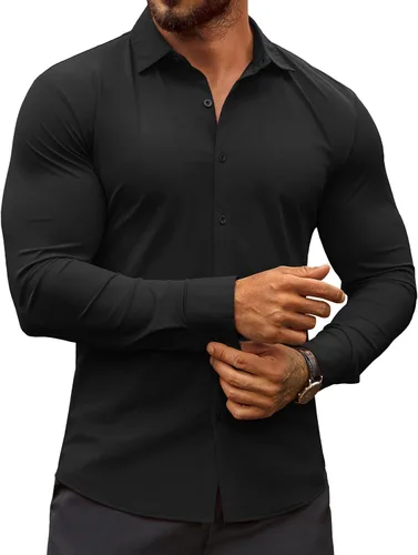 Vista 23 de COOFANDY Camisas de vestir ajustadas para hombre, sin arrugas, manga larga, casuales, con botones