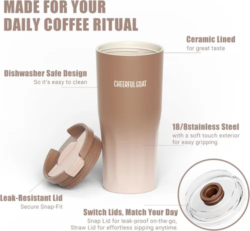 Vista 4 de CHEERFUL GOAT Taza de viaje de café con forro de cerámica – Vaso de café de viaje de acero inoxidable con forro de cerámica, con tapa, taza de 21