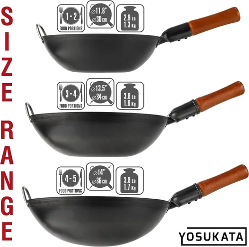 Vista 8 de YOSUKATA Wok de acero al carbono – Woks y sartenes de 11,8 pulgadas – Wok chino con fondo plano Pow Wok – Wok tradicional chino japonés – Wok negro