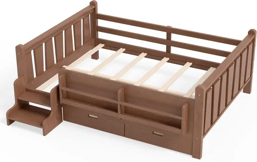 Vista 8 de Cama Montessori de tamaño matrimonial con estantería, cajones de Natural