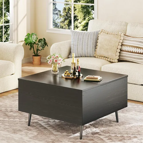 Vista 5 de HUAHUU Mesa auxiliar elevable, cuadrada de 31.5 pulgadas, con almacenamiento, mesa de centro con compartimento oculto grande, mesa central con mesa
