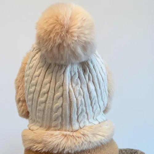 Vista 5 de Gorro de invierno para mujer, suave y mullido de punto con pompón, gorro de piel sintética para niñas, gorra de calavera de ganchillo