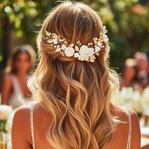 Vista 6 de Unicra Flor novia pelo vid perla pieza de pelo nupcial hoja accesorios para el pelo diadema de diamantes de imitación para mujeres y niñas (dorado)