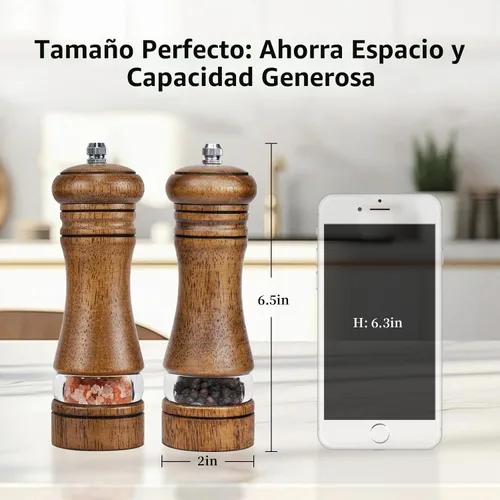 Vista 6 de Haomacro Juego de molinillo de sal y pimienta de madera, molinos de Molinillo de sal recargable con molinillo de pimienta con ventana visible