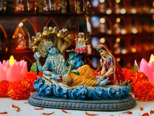 Vista 3 de BangBangDa Estatua de Dios hindú Vishnu Lakshmi – 8.3 pulgadas de largo, ídolo indio Vishnu Laxmi Murti, regalo para cumpleaños familiar indio
