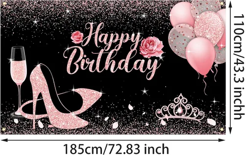 Vista 2 de Sumind Decoración de pancarta de feliz cumpleaños, fondo de cumpleaños negro y rosa, 6 x 3.6 pies, oro rosa y negro, decoraciones de fiesta