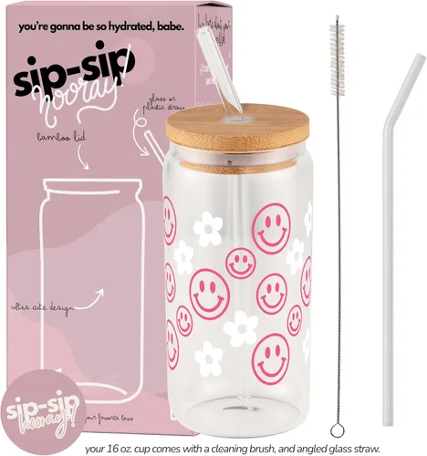 Vista 3 de Sip-Sip Hooray! Smiley Daisy - Taza de vidrio de 16 onzas con tapa y pajilla, vaso de café helado floral retro, bonito regalo personalizado