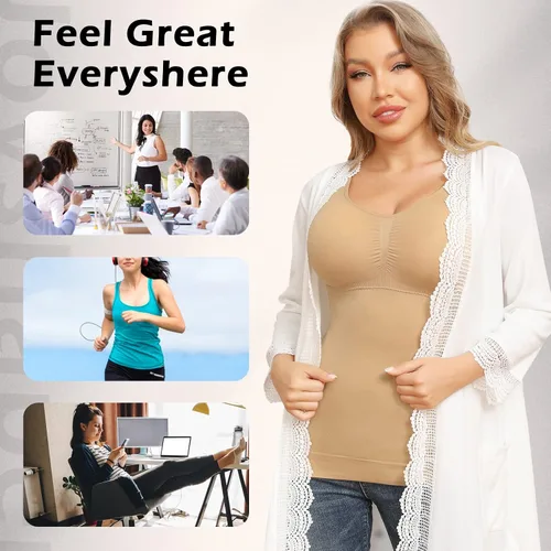 Vista 5 de Camisolas moldeadoras con brasier integrado, control de abdomen, camisetas sin mangas de compresión para mujer, moldeadoras de cuerpo