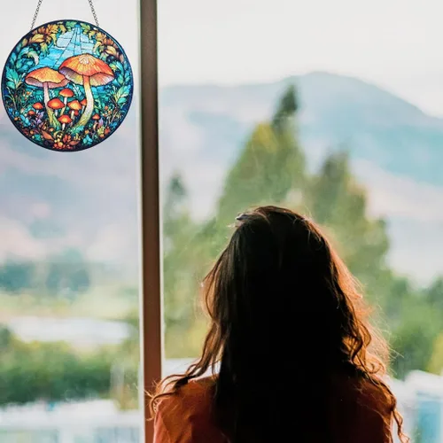 Vista 5 de HOTIYOK Vidrieras colgantes de hongos para jardín, diseño de bosque natural para decoración de interiores de cocina, regalos para mujeres, abuela