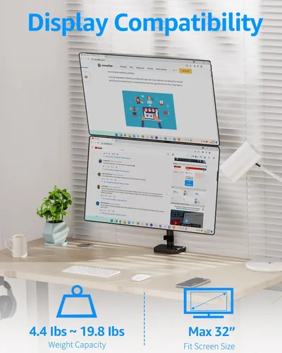 Vista 2 de MOUNTUP Soporte vertical para monitor dual con capacidad para 4.4-17.6 libras, soporte de monitor apilado de hasta 32 pulgadas con brazo de resorte