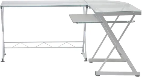 Vista 6 de Scranton & Co Escritorio moderno para computadora en forma de L, vidrio y acero, acabado transparente, 29.5 pulgadas de alto x 61.75 pulgadas