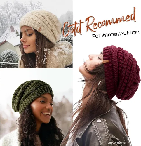 Vista 58 de FURTALK Gorro de invierno para mujer, con forro de satén, tejido trenzado, grueso, holgado, gorro cálido