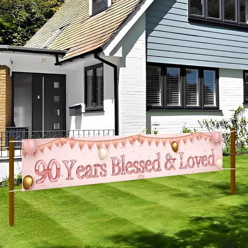 Vista 3 de Labakita Cartel de 90 años bendecidos y amados, pancarta grande de feliz cumpleaños 90, decoraciones de cumpleaños de mamá abuela 90 años, pancarta