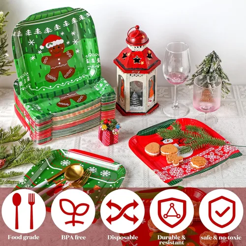 Vista 3 de Paquete de 120 platos de papel para suéter feo de Navidad, platos desechables de Navidad para fiesta de postre de 9 pulgadas con pan de jengibre