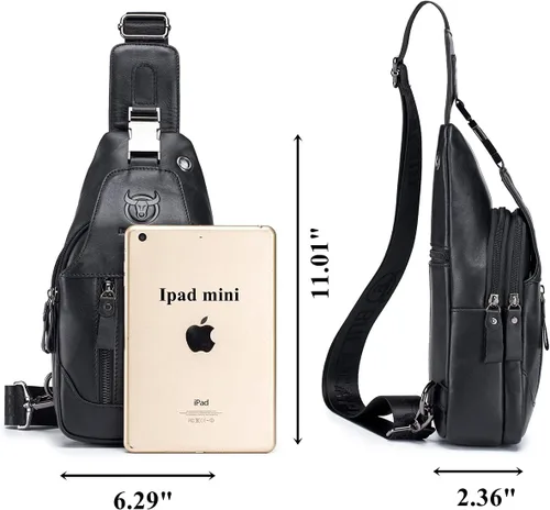 Vista 4 de BULLCAPTAIN Mochila bandolera de cuero genuino para hombre, multibolsillo, bandolera, bolsas de pecho, viajes, senderismo, mochila